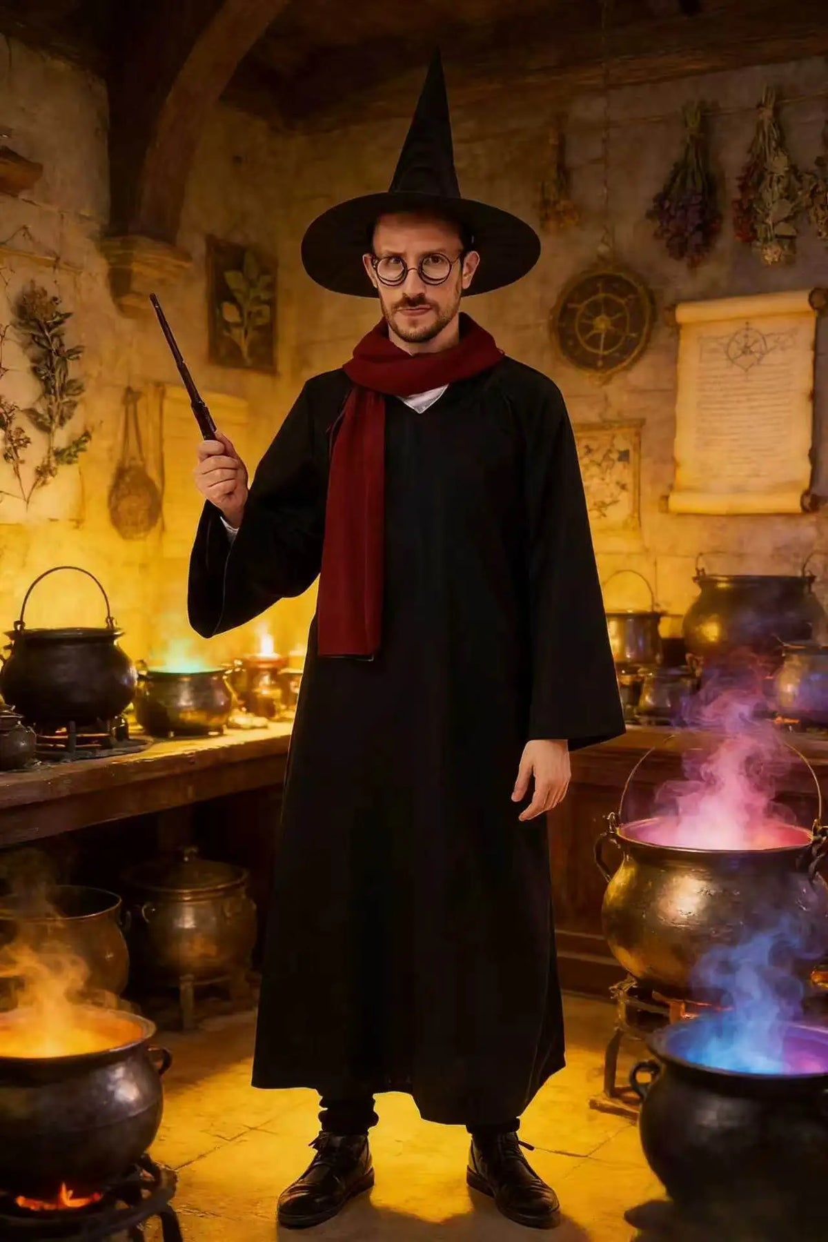 Halloween Wizard Costume Accessory Set Black Witch Hat Round Glasses Magic Wand Cosplay Props for Harry Potter Themed Party Fanc