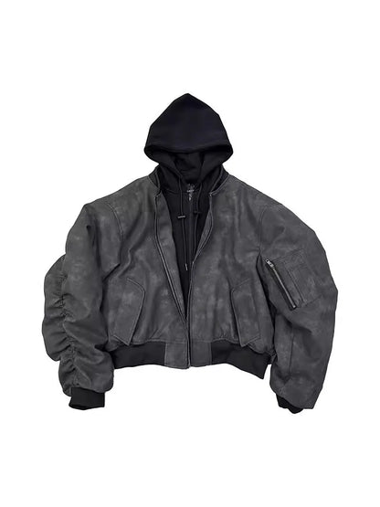 Unisex Jacket 2026 New Faux Leather Bomber Jacket Layered 2 In 1 Hooded Pilot Style Padded Winter Coat