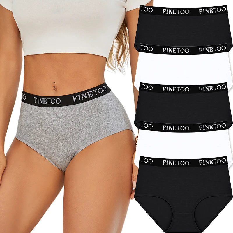 FINETOO 5Pcs Cotton Women Panties High Waist Breathable Soft Ladies Underwear Elastic Waistband Briefs S-XXL Comfortable Briefs