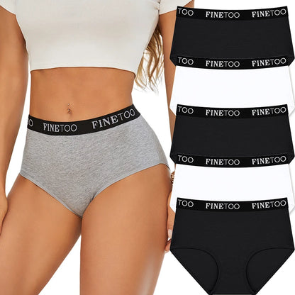 FINETOO 5Pcs Cotton Women Panties High Waist Breathable Soft Ladies Underwear Elastic Waistband Briefs S-XXL Comfortable Briefs