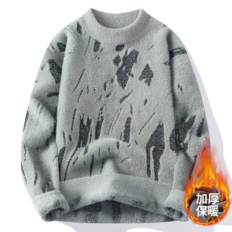 Winter Men's Thickened Fleece Sweater Irregular Jacquard Pattern Casual Round Neck Pullover Tops Striped Soft Knitted Sweaters
