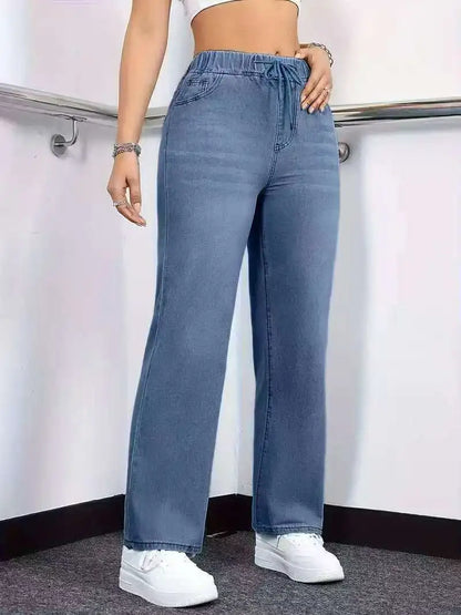 Women's Straight-Leg Jeans Elastic Waistband Drawstring Comfort Fit Casual Stretch Denim Pants