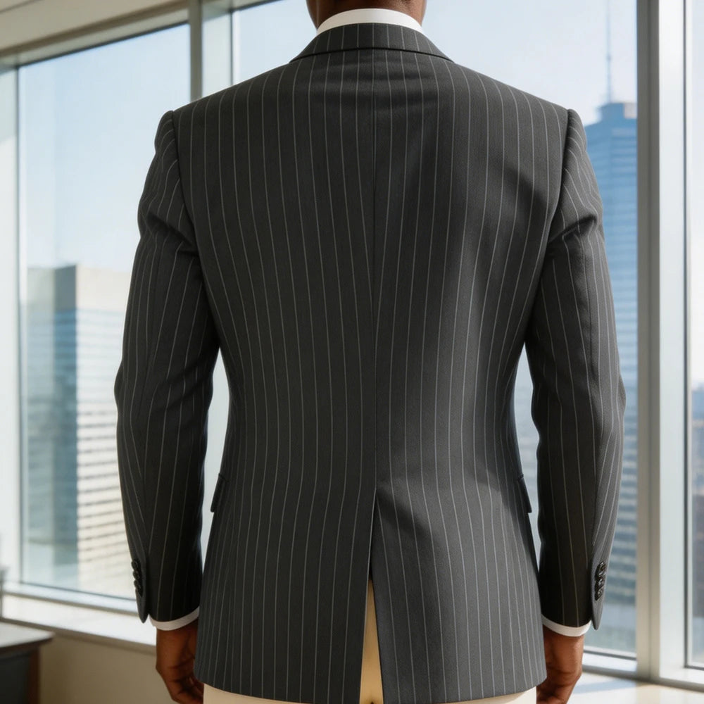 Men's Pinstripe Double Breasted Blazer Classic Peak Lapel Slim Fit Striped Suit Jacket For Party Prom Business Formal Coats