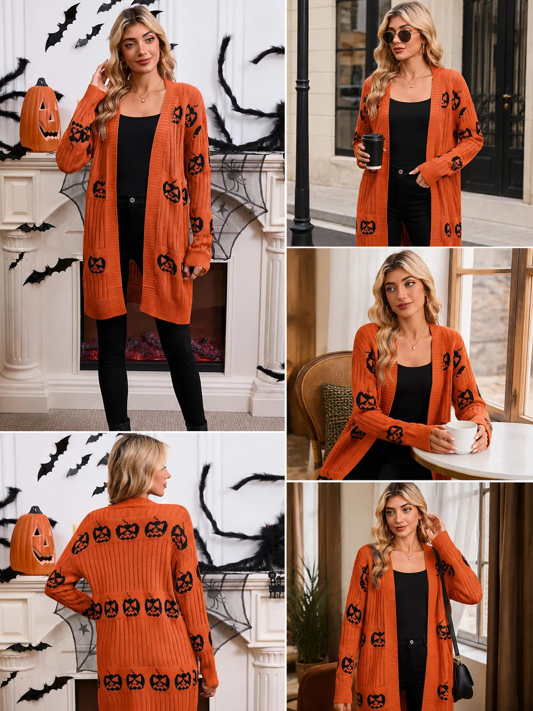Women Halloween Open Front Cardigan, Pumpkin Face Jacquard Knit Long Sleeve Cardigan, Loose V‑Neck Mid‑Length Sweater Coat with Pockets