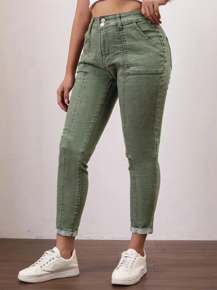 Women's Stretch Jeans High-Waisted Army Green Skinny Cuffed Hem Pants Splicing Design Autumn Casual Outdoor Trousers