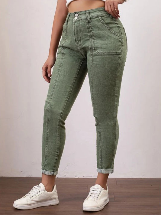 Women's Stretch Jeans High-Waisted Army Green Skinny Cuffed Hem Pants Splicing Design Autumn Casual Outdoor Trousers