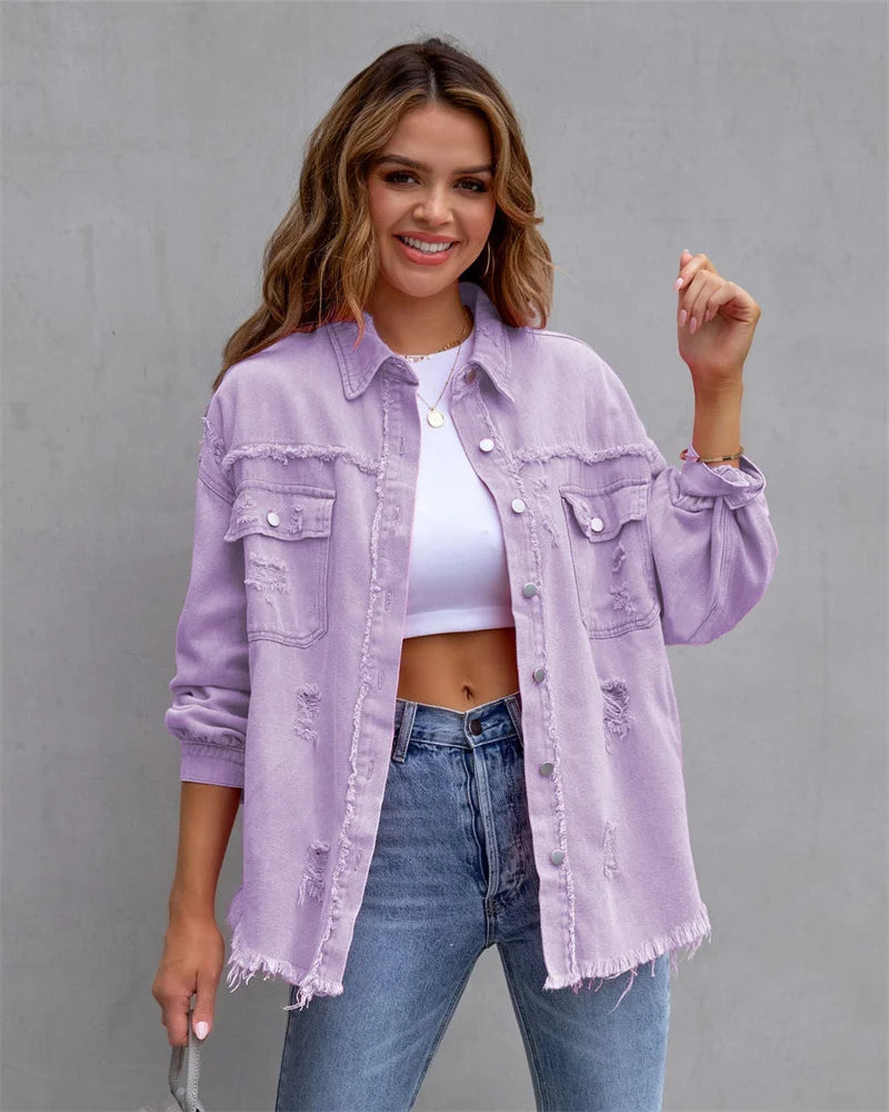 2025 Spring Autumn Shirt Style Denim Jacket Women Holes Raw-edges Jeancoat Casual Tops Female Oversize Loose Outerwear 7 Colors