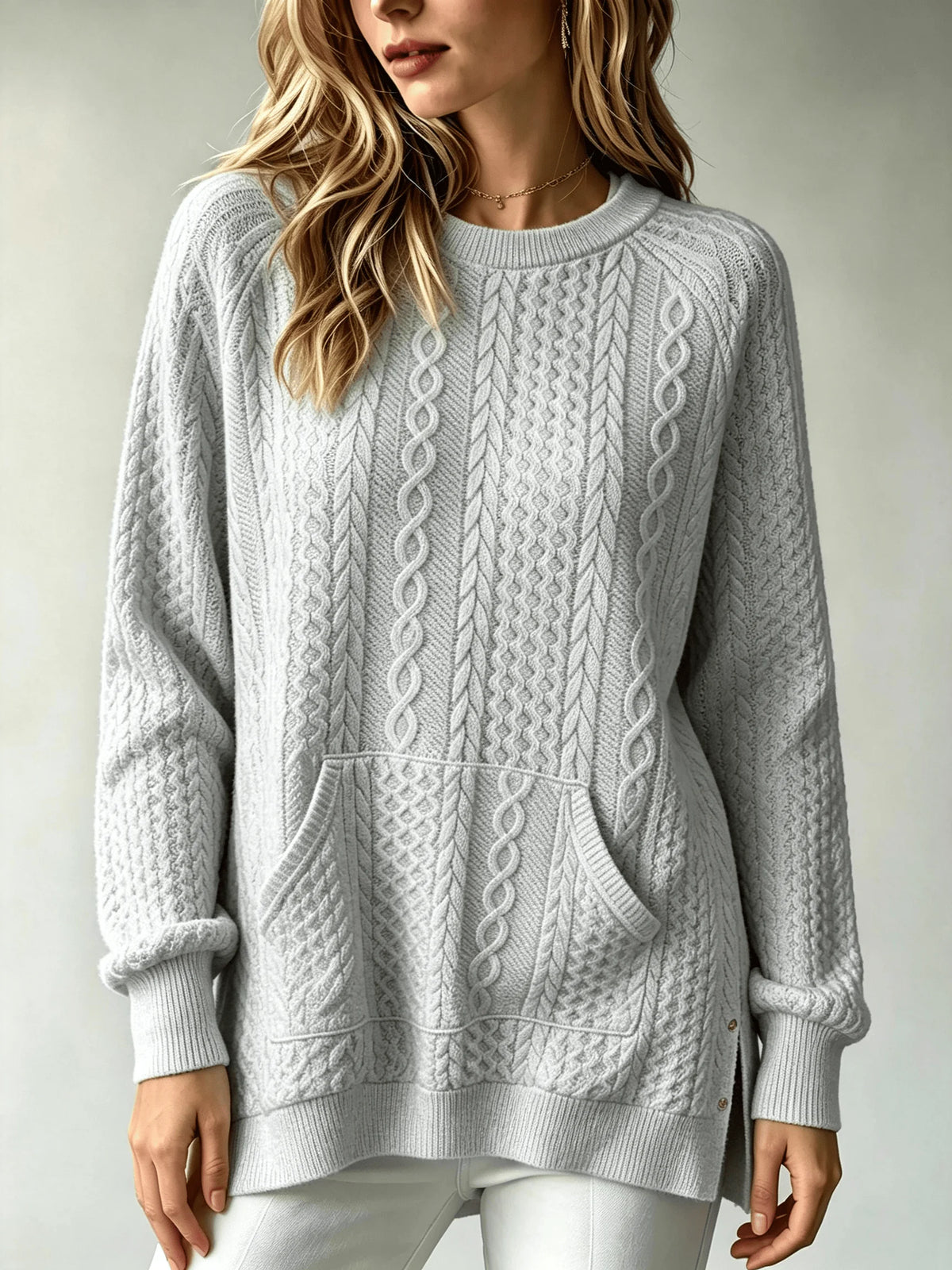 Women Cable Knit Sweater With Kangaroo Pocket Long Sleeve Crew Neck Loose Pullover Sweaters Casual Oversized Fall Winter Jumper For Ladies