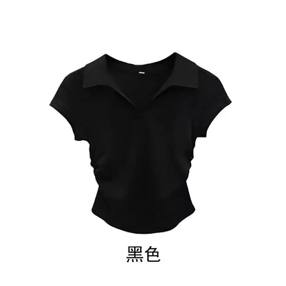 Cotton Summer Sexy Women's T Shirt Skinny Slim Basic Solid Crop Top Short Sleeve Polo TShirtCasual Top Tee for Women