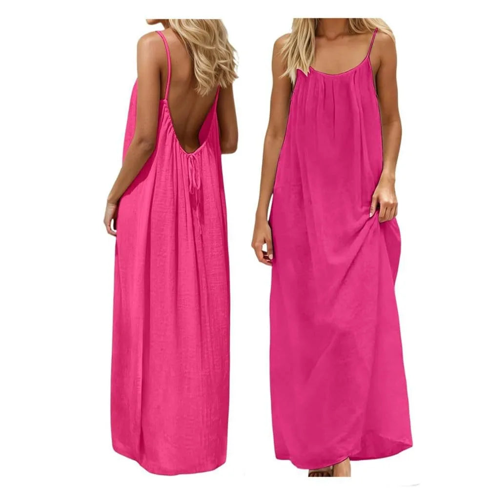Women's 2026 Summer Ice Silk Crepe Maxi Dress, Solid Color Backless Ruched Spaghetti Strap Casual Long Dress for Beach Vacation