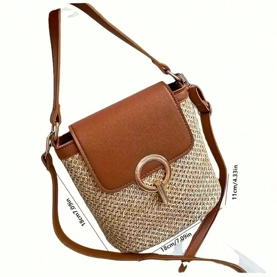 Woven Beach Crossbody Bag, Multi-Functional Adjustable Shoulder Strap, Golden Lock