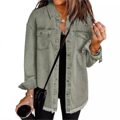 Autumn Winter New Women's Outerwear Denim Shirt Jacket Washed Finish Distressed Hem Single Row Buttons Pockets Street Fashion