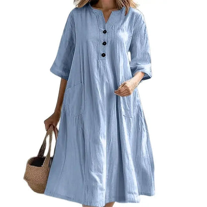 New Solid Color Cotton Linen Comfortable Casual Dresses Women Half Sleeve Loose Dress Gown Female Double Pocket Patchwork Frock