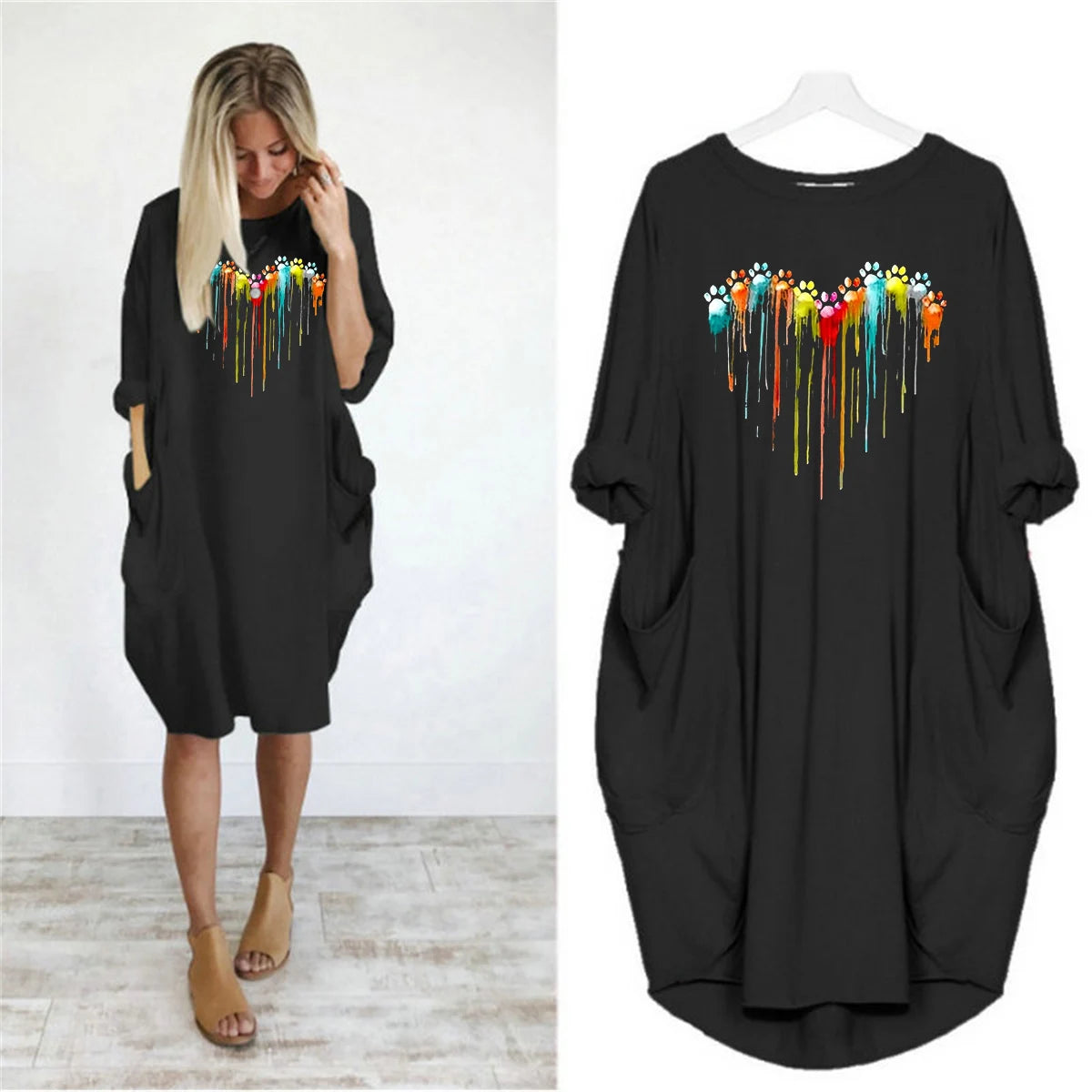 Women's Spring and Summer Footprint Heart Printed Casual Fashion Loose Large Size Long Sleeve Pocket Dress