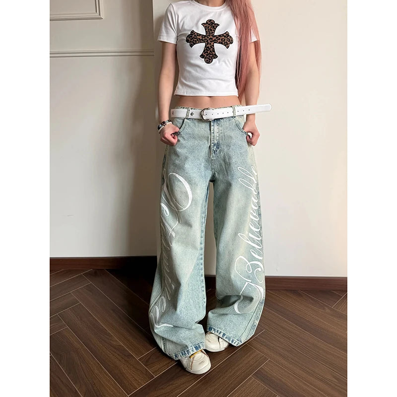 YIBASHU Women Vintage Blue Y2k Baggy Jeans Harajuku Letter Print Denim Trousers Streetwear Japanese 2000s Oversize Jeans Pants