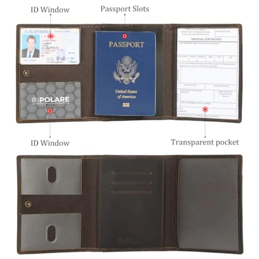 Polare Full Grain Leather Pilot Wallet Passport Holder RFID Blocking Tri-fold Travel Cover Document Organizer for Aviation Prof