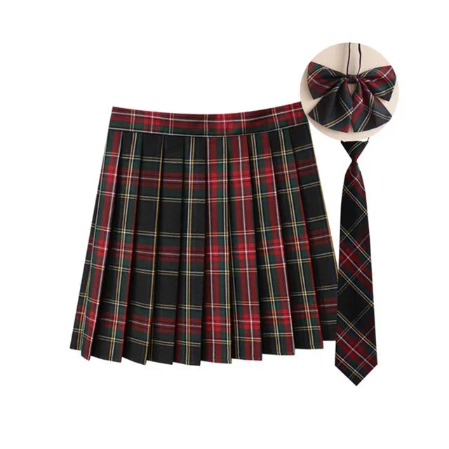 Women Summer Plaid Pleated Skirt With Necktie Bowtie Korean Jk Skirt Uniform Japanese School Preppy A Line Mini Skirts
