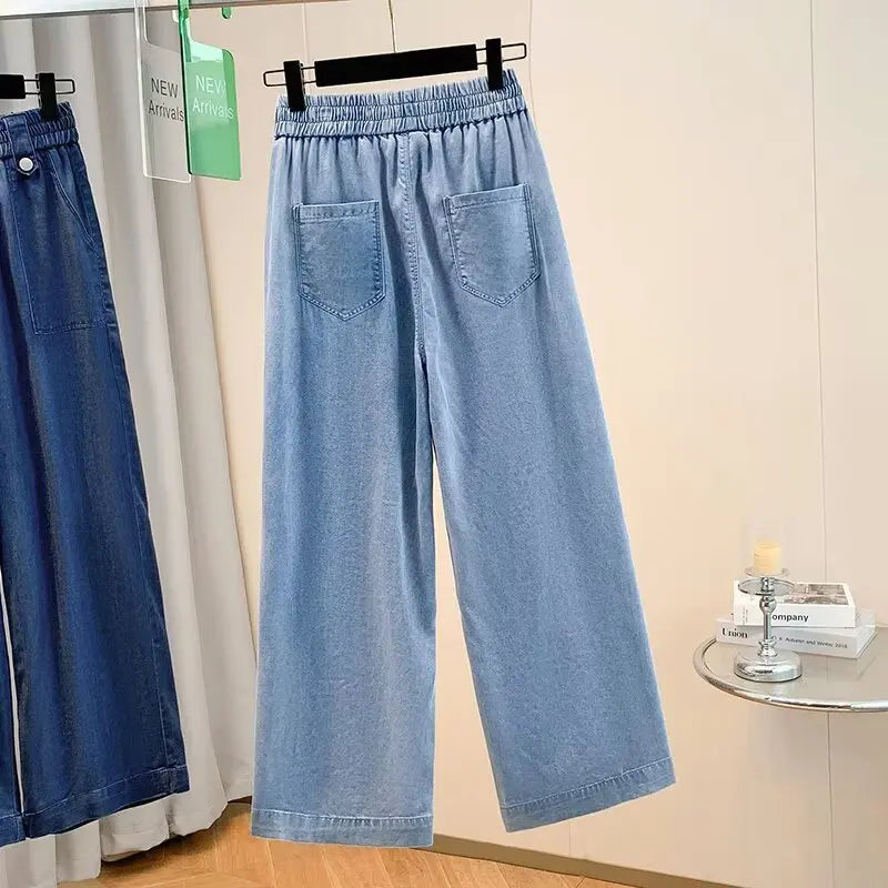 Women Plus Size Lightweight Lyocell Straight Jeans Casual Wide Leg Ninth Pants For Curvy Ladies 0266