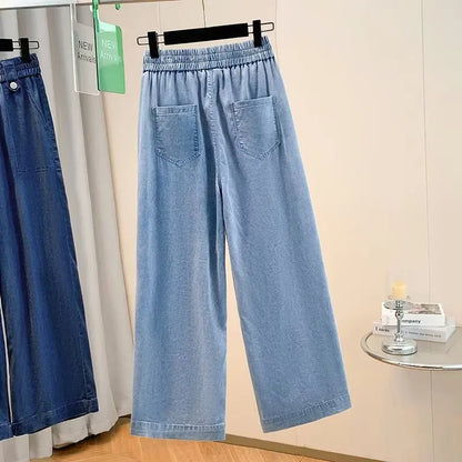 Women Plus Size Lightweight Lyocell Straight Jeans Casual Wide Leg Ninth Pants For Curvy Ladies 0266