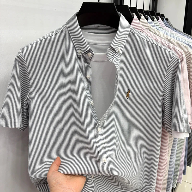 High End Brand Embroidered Striped Shirt Men's Short Sleeved Lapel Business Breathable Shirt Summer New Pure Cotton Jacket