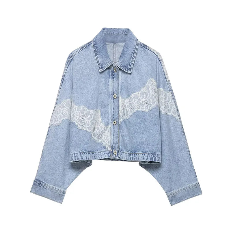 Women's Cropped Lace Denim Jacket New 2026 Spring Long Sleeve Button Female Chic Outerwears High Street Lady Chic Tops