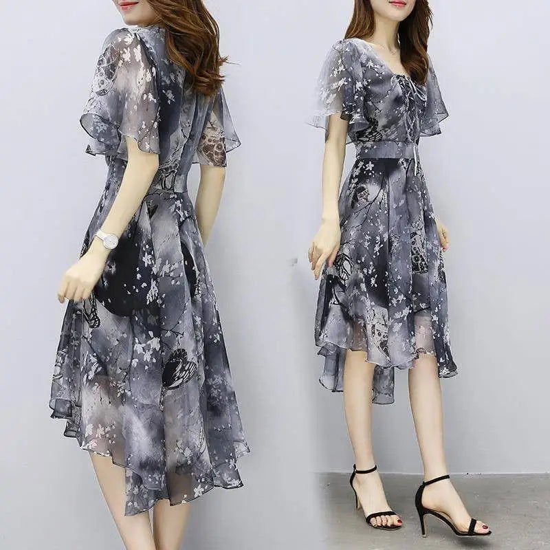 Women floral Chiffon Flower Dress 2026 trends new in Ladies Elegant V Neck short Sleeve korean style Summer Dress Female Clothes
