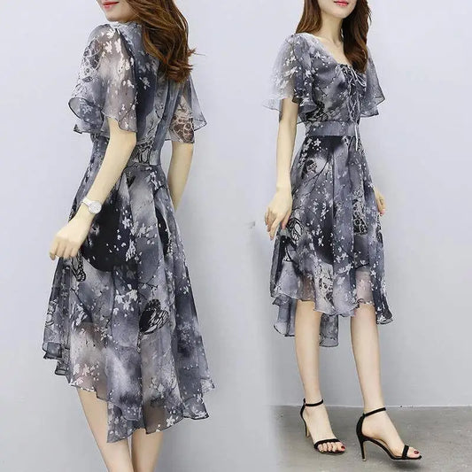 Women floral Chiffon Flower Dress 2026 trends new in Ladies Elegant V Neck short Sleeve korean style Summer Dress Female Clothes