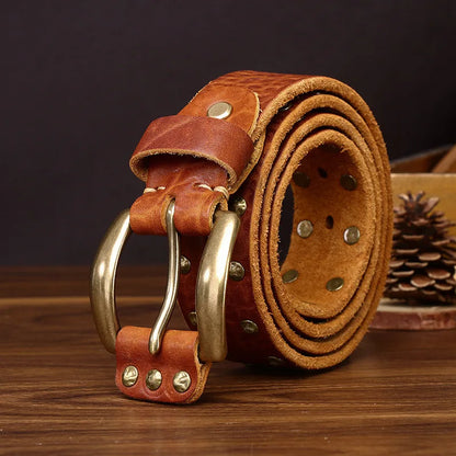 Punk Trend Rivet Men Belt Thicken Genuine Leather Brass Pin buckle Washed Retro Distressed Pure Cowhide Personalized Denim Belt