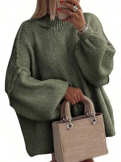 Women's Oversized Pullover Sweaters  Fall Winter Mock Neck Lantern Sleeve Crochet Casual Knitted Jumper Tops Solid Color Loose Blouse