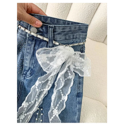 Women Jeans Pants Baggy Jeans Spring Flare Trousers Lace Applique Crystal Wide Leg Pearl Slit Distressed Design