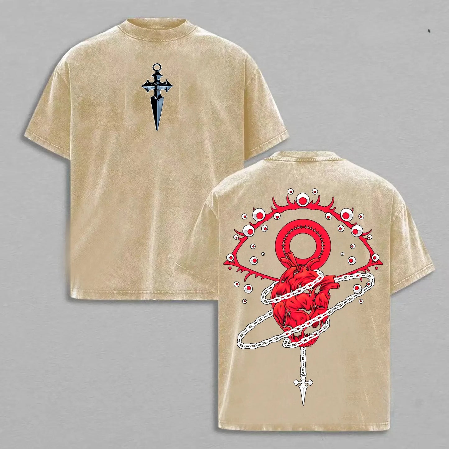 Vintage Acid Washed Distressed T-Shirt Gothic Dagger Cross Small Print Front Blood Eye Anatomical Heart Chain Horror Dark Grunge Graphic