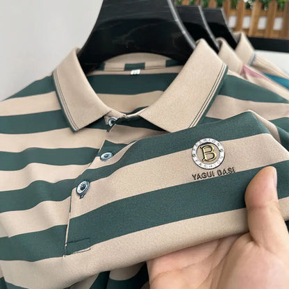 Quality Man Summer Hot Short-Sleeved Polo Shirt Letter Print Stripe Lapel Button British Style T-Shirt Fashion Leisure Mens Wear