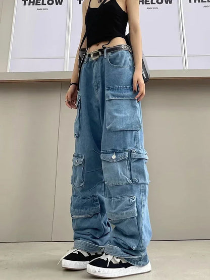 Y2K Cargo Jeans Women's Baggy Wide Leg Multi-Pocket Fashion Denim Pants Harajuku Streetwear Female Vintage Loose Casual Pants