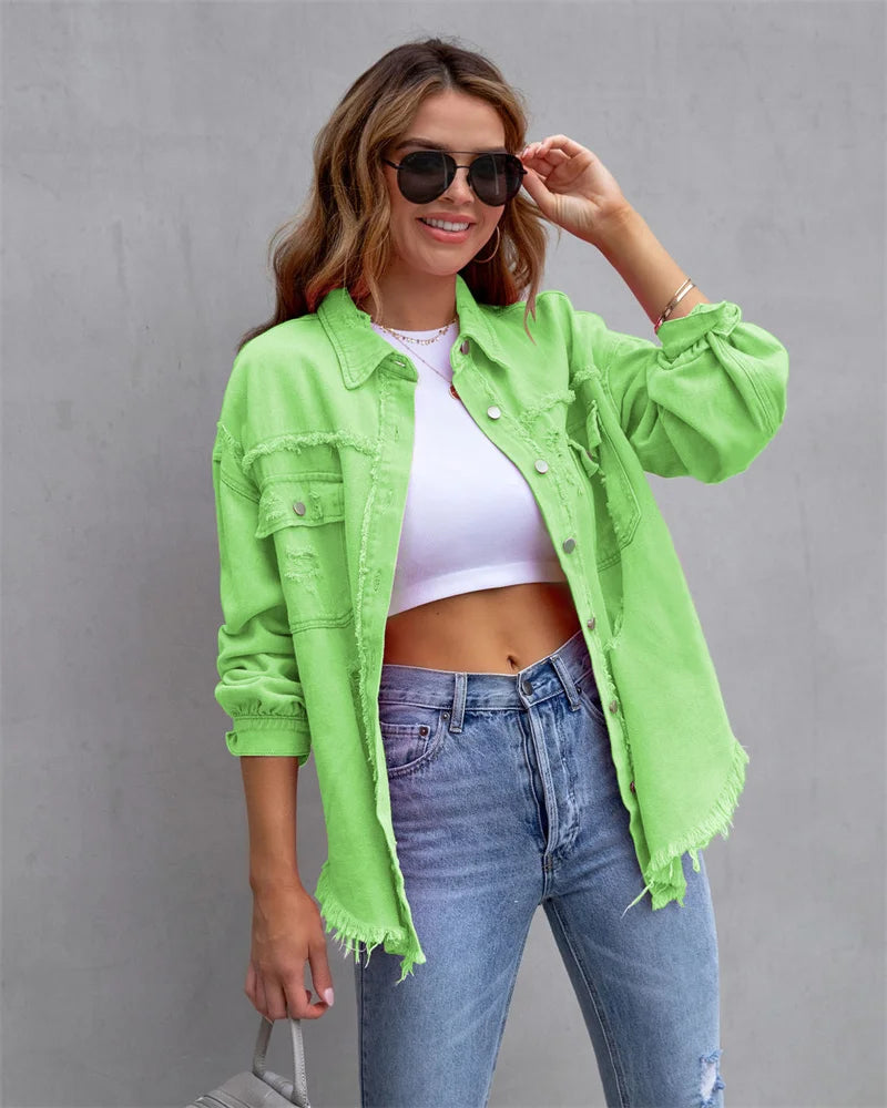 2025 Spring Autumn Shirt Style Denim Jacket Women Holes Raw-edges Jeancoat Casual Tops Female Oversize Loose Outerwear 7 Colors