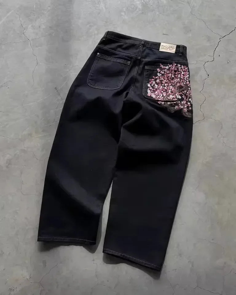Y2K Vintage Low Waist Hip Hop Cherry Blossom Embroidered Jeans Wide Leg Trousers Clothes Men's Embroidered Baggy Jeans