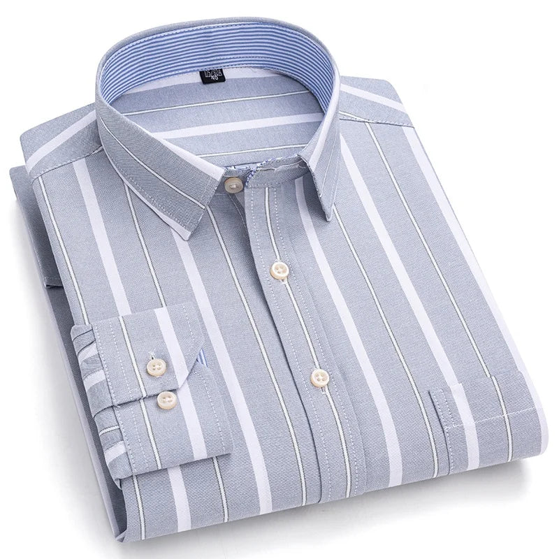 Men's Social Shirts Long Sleeve 100%Pure Cotton Oxford Buttoned Plaid Formal Male Casual Clothes Oversized Shirt Plus Size S-7XL