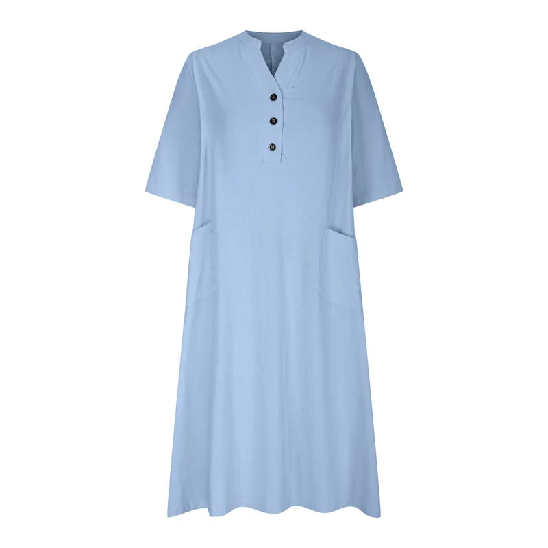 New Solid Color Cotton Linen Comfortable Casual Dresses Women Half Sleeve Loose Dress Gown Female Double Pocket Patchwork Frock