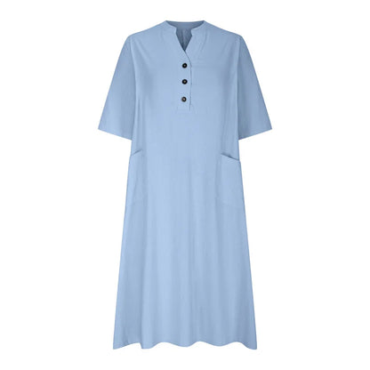 New Solid Color Cotton Linen Comfortable Casual Dresses Women Half Sleeve Loose Dress Gown Female Double Pocket Patchwork Frock