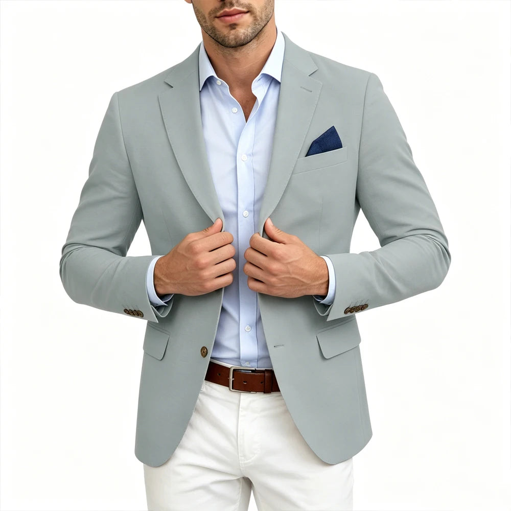 Men's Linen Blend Blazer Notched Lapel Two Button Breathable Suit Jacket For Business Casual Wedding Daily Wear