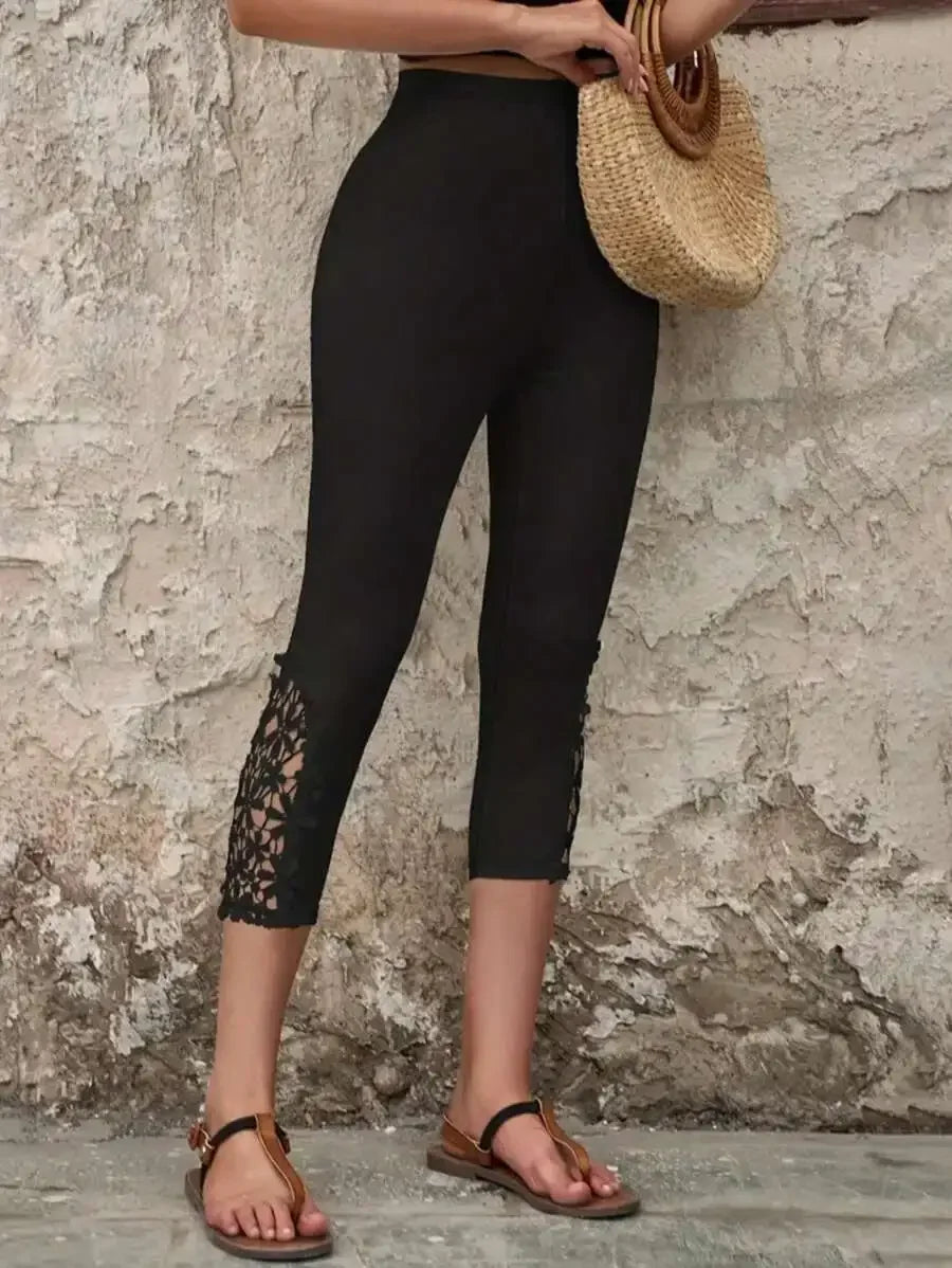 Floral Lace Patchwork 3/4 Leggings, Women Casual Cropped Stretch Tights, Solid-Color Capri Skinny Pants, Women Ankle Leggings