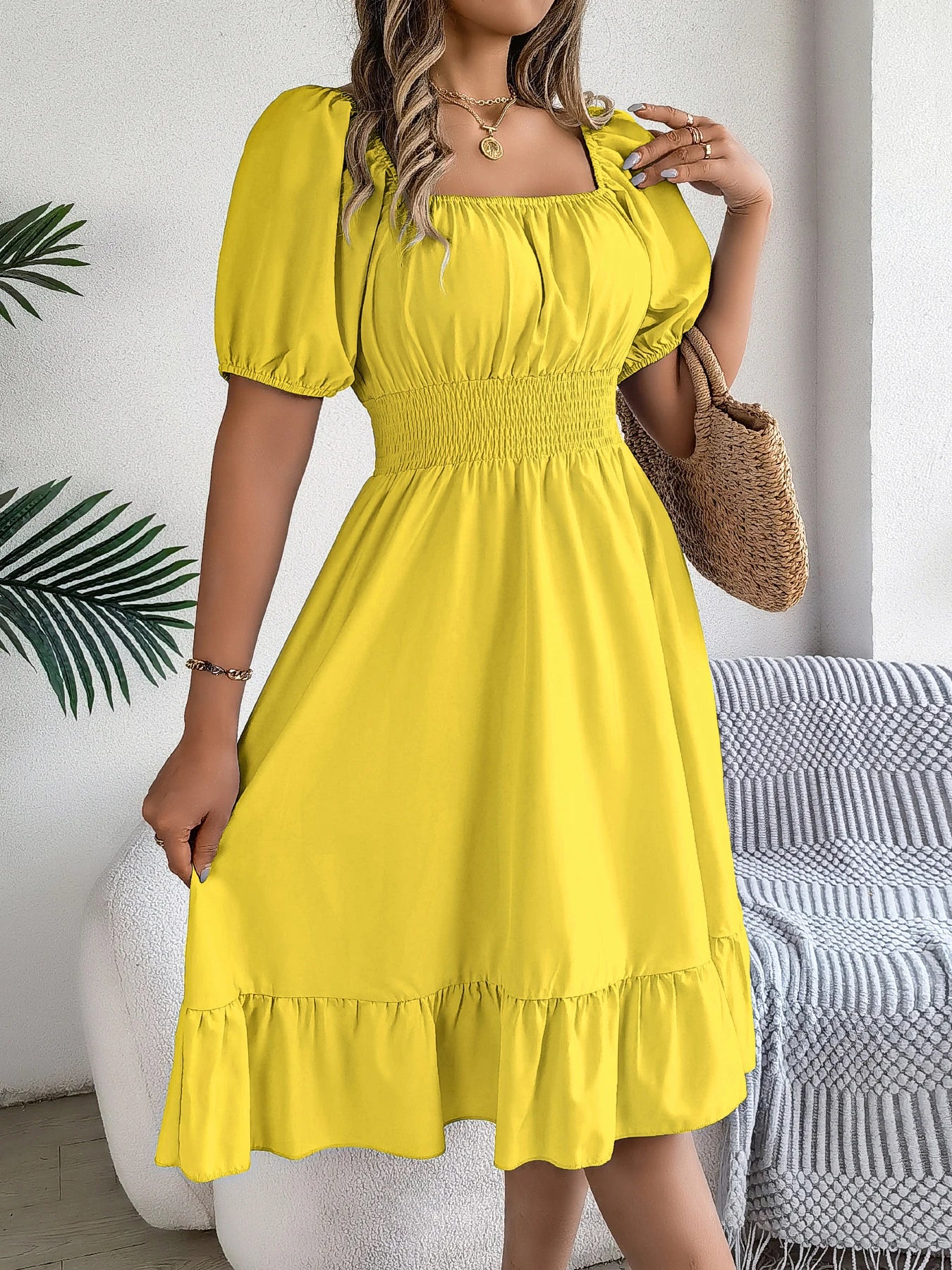 Spring Summer Elegant High Waisted Dress Square Neck Short Sleeved Ruffled Edge Long Dresses 2026 Valentine's Day Woman Clothing