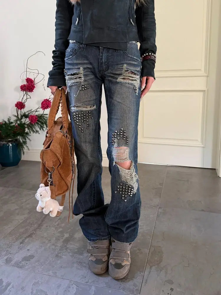 American style spicy girl design with rivet splicing jeans, women new retro distressed distressed floor length pants