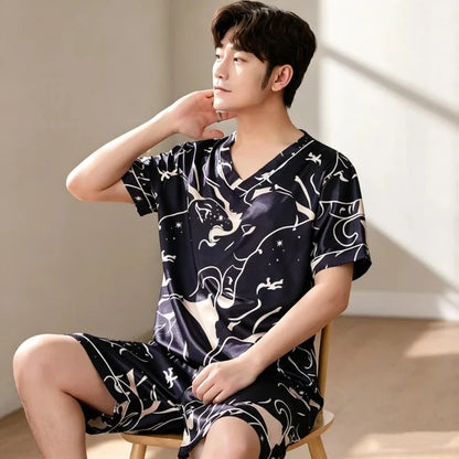 Men Summer New Fashion Print Pajamas Set Plus Size V-Neck Short Sleeve Shorts Men's Sleepwear