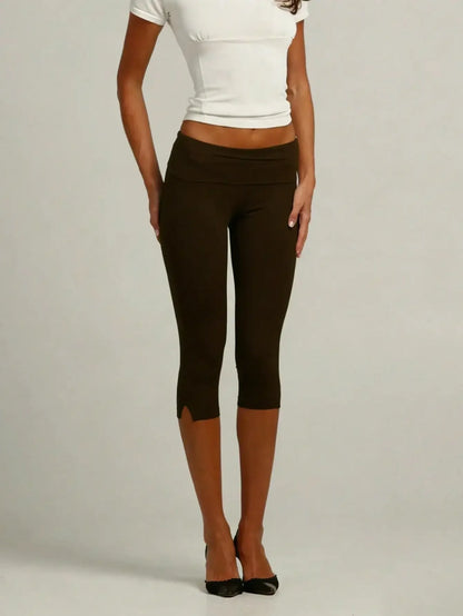Women's Y2K Low Waist White Capri Leggings Fold Over Waistband Split Hem Solid Color Slim Fit Stretchy Cropped Leggings Buttery