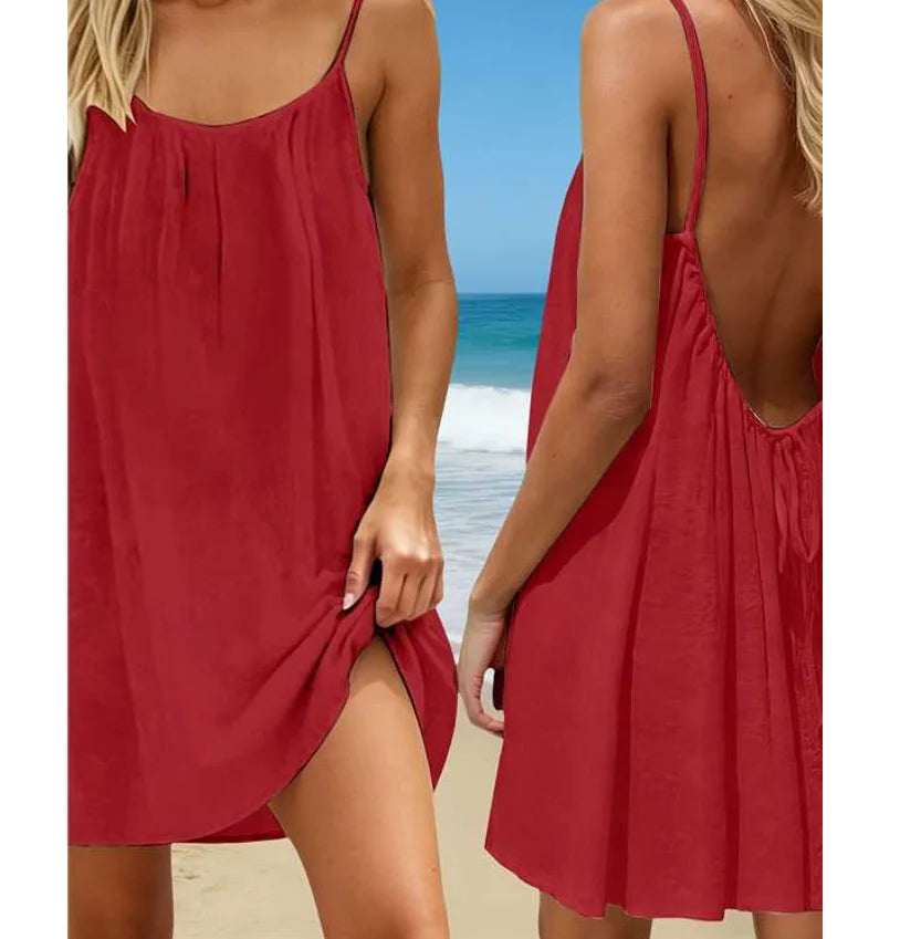 Women Sexy Backless Dress Solid Color Loose Fit Sleeveless Adjustable Short Dress With Straps Beach Vacation Sundress For Women