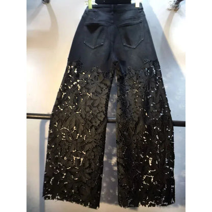 New Summer Denim Patchwork Hook Flower Hollow Lace Straight Leg Wide Leg Pants Casual High Waist Heavy Embroidery Rhinestone