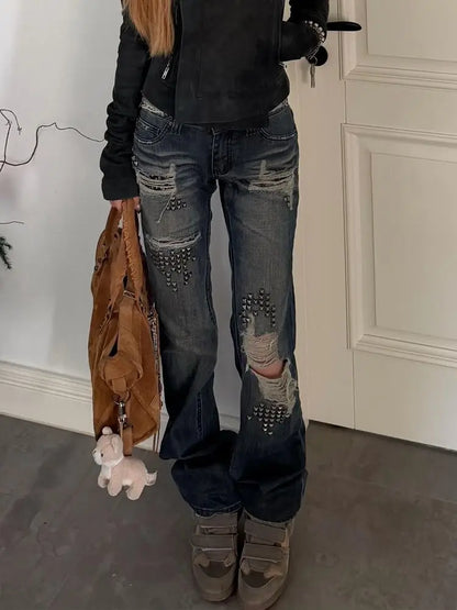 American style spicy girl design with rivet splicing jeans, women new retro distressed distressed floor length pants