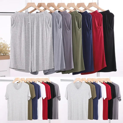 Summer Men's Modal Short Sleeve Shorts Set V-Neck Loose Fit Comfortable Sleepwear Home Clothes Mid-aged And Elderly Suitable