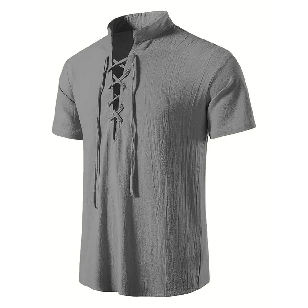 Men's Retro Shirt Short Sleeve Cotton Linen Lightweight Breathable Solid Color Fashion Tops Pirate V-neck Male Stylish Shirts