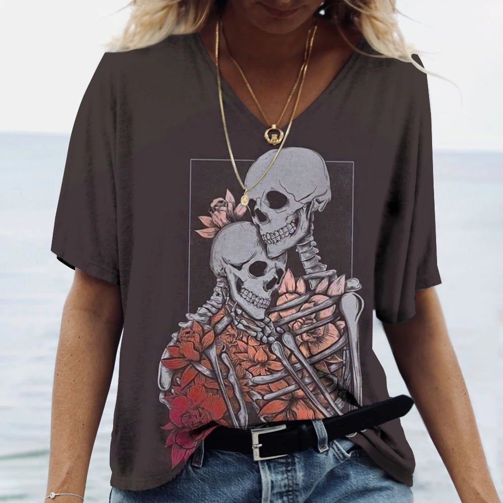 Skulls T-shirt Women's Shirt Fashion Short Sleeve New Casual Top Tee Ladies Girl Clothing V Neck T Shirt For Women